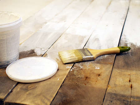 painting old wooden planks in white color, shallow depth of field, copy spaceの写真素材