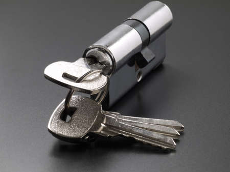 Pin tumbler of cylinder lock internal mechanism and set of keys with one key insertedの写真素材