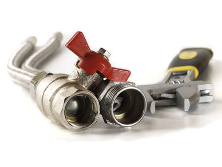 flexible fittings, ball valve and adjustable wrench, shallow depth of fieldの写真素材