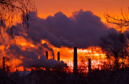 smoking factory smokestacks in the morning against sunrise