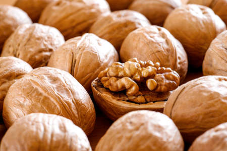 closeup of shelled walnut between walnuts in shell background pattern