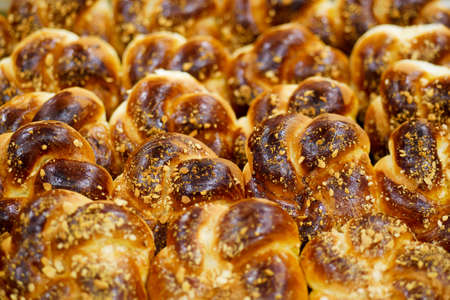 Closeup of fresh baked buns on tray.の写真素材