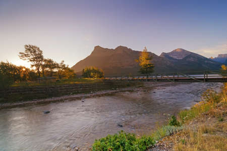 Sunrise over Waterton Lakesの写真素材