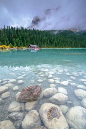 Lake Louise on a gloomy day after rainの写真素材