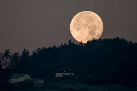 Setting full moon behind hill, forest and houses seen on hillの写真素材