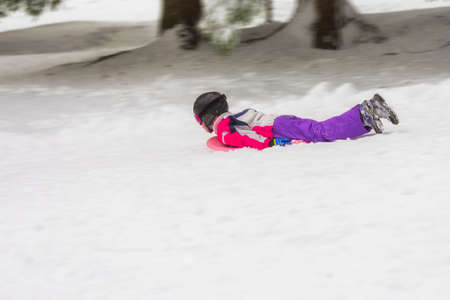 Young child (might be boy or girl) outdoors in winter with a toboggan carpet sled board speeding downhill, facing away from the viewerの写真素材