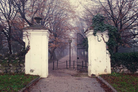 Central alley vintage entrance with towers and iron gates on a foggy autumn day, park Slovenska Bistrica, Sloveniaの写真素材