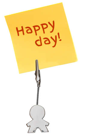 Man Figure Business Card Holder with clip holding a yellow paper note HAPPY DAY; isolated on white background, customizableの写真素材