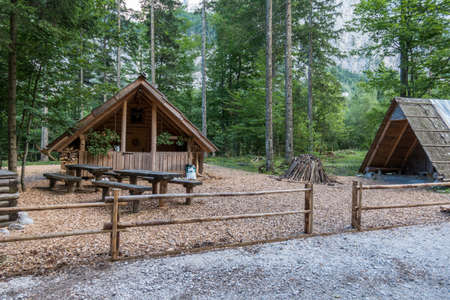 Mountain cabin, Charcoal Burner House in European Alps, Logarska valley, Sloveniaの写真素材