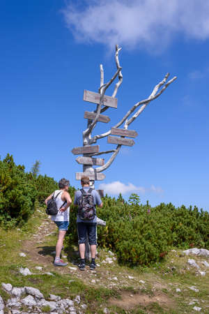 Two hikers in front of wooden signpost on tree trunk in the Alps, Velika Planina Sloveniaのeditorial素材