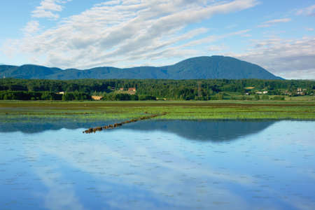 Lake landscape early in the morning with cloudsの写真素材