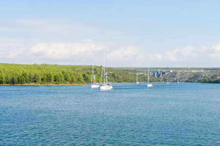 Group of charter yachts, sailing boats at sea near shore