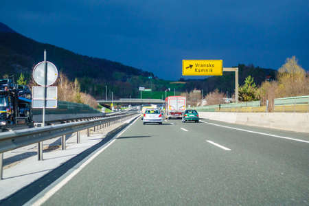Highway A1, Slovenia - 8 April 2018 - Highway exit Vransko on the A1 highway in Slovenia. Slovenia is introducing electronic toll system on its highways.のeditorial素材