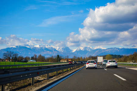 Traffic on Slovenian highway A1 between Maribor and Ljubljana, trucks, cars and vansの写真素材