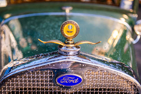 Maribor, Slovenia - May 12 2018: Vintage Oldtimer Ford Model A on display at public gathering of owners and fans of classic American cars. On top of the grill the Boye motometer. Public event, no fees or releases required.のeditorial素材
