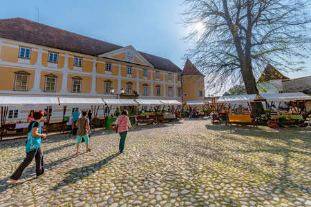 Slovenska Bistrica, June 2 2018: Courtyard of castle in Slovenska Bistrica with front entrance, the...