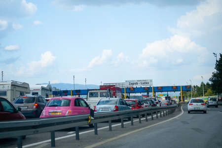 Zagreb, Croatia - July 9 2018: Heavy trafiic with congestions at Toll gate Lucko in Zagreb, Croatia...