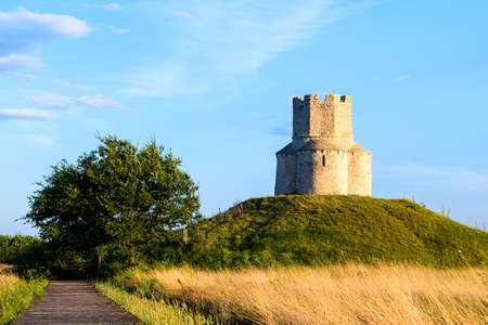 Medieval stone church of St. Nicholas Sveti Nikola near Nin, Dalmatia, Croatia, small chapel on top of hillの写真素材