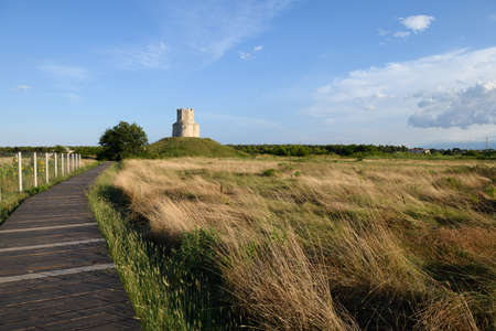 Medieval stone church of St. Nicholas Sveti Nikola near Nin, Dalmatia, Croatia, small chapel on top of hillの写真素材