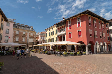 Cividale del Friuly, Italy - Aug 14 2018: Piaza Paolo Diacono in Cividale del Friuli with busy...