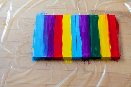 Rainbow on canvas painted with colorful pattern, nobody, close up, acrylic colors, DIY craftsの写真素材