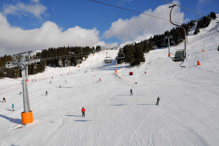Ski slopes at Krvavec Alpine Mountain Ski Resort in Sloveniaの写真素材