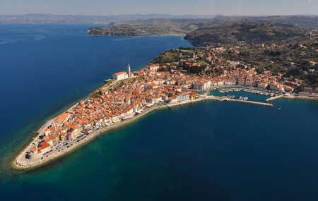 Aerial view of mediaeval coastal town Piran in Slovenia, Mediterranean coast, Adriatic sea, travel and tourism conceptの写真素材