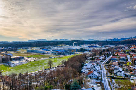 Early spring over small European town, aerial view, Slovenska Bistrica, Slovenia