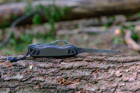Swiss Soldiers Knife, standard army issue model with extended saw blade on tree trunk in forest