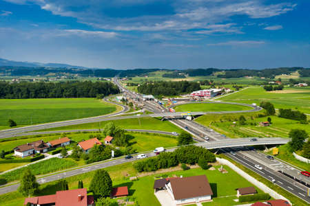 Slovenske Konjice, Slovenia - June 16 2019: Aerial view of construction works on Tepanje toll station on A1 highway in Slovenia. Toll stations are removed due introduction of electronic toll paymentのeditorial素材