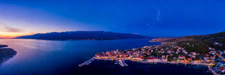 Sunset over town in Croatia, aerial panorama of Vinjerac, near Zadar, Velebit and Paklenica National...