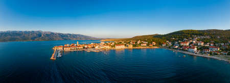 Old coastal town in Croatia, aerial view of Vinjerac near Zadar and Paklenica National park in the Velebit mountainsの写真素材
