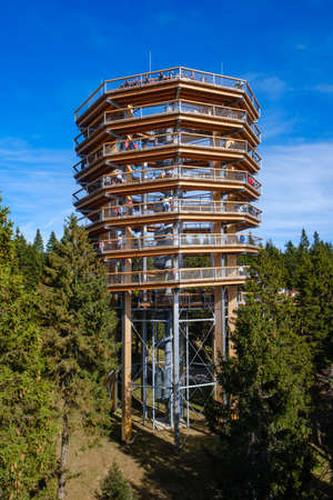 Forest canopy tower and walkway, footpath above treetops, outdoor adventure on Rogla, Sloveniaの写真素材