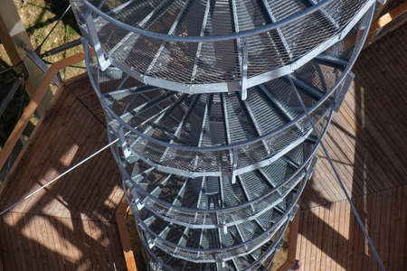 Detail view of wooden and steel lookout tower on treetop canpy walkway, Rogla, Sloveniaの写真素材
