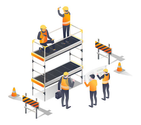 Construction workers using scaffoldingのイラスト素材