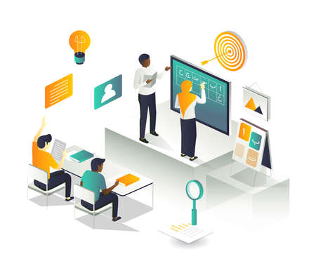 Students are learning Arabic in isometric illustrationのイラスト素材