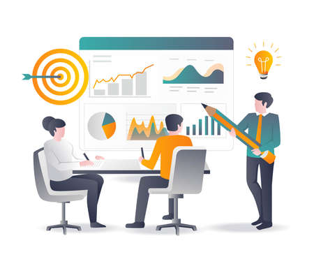 concept flat design, product data analysis and seo optimization and meetingのイラスト素材