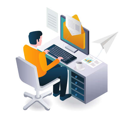 Man is sending email safely and work in deskのイラスト素材