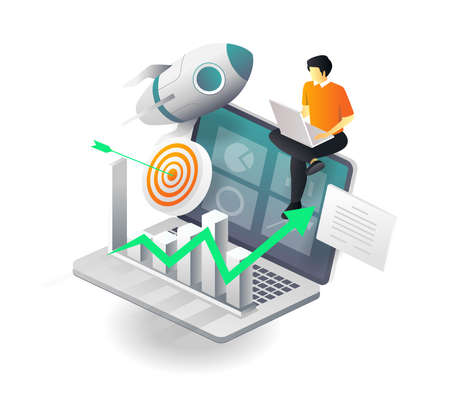 Man sitting on laptop developing investment businessのイラスト素材