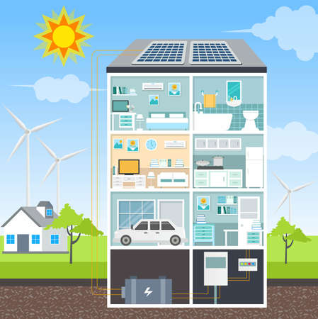 Saving solar panel energy for smart homeのイラスト素材