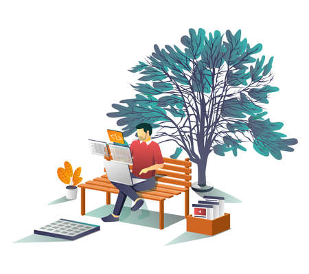 Man working with laptop under treeのイラスト素材