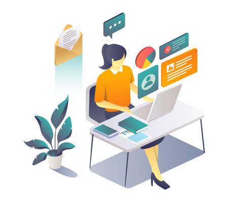 Woman working at desk with laptop and data bubbleのイラスト素材