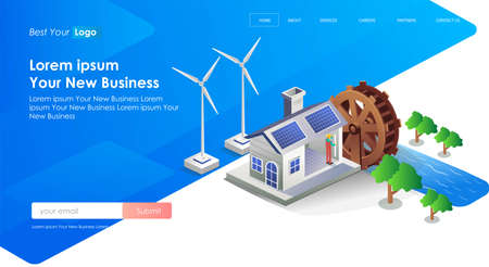 water mill and windmill for solar panelsのイラスト素材