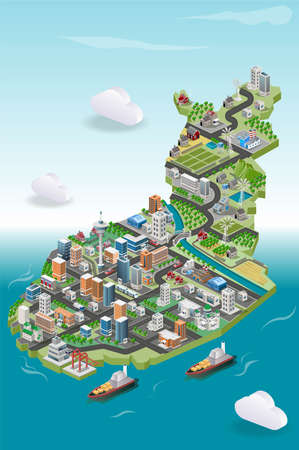View of buildings and housing with farm in isometric illustration mapのイラスト素材