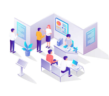 Some people are chatting in the waiting room and reading the announcementのイラスト素材