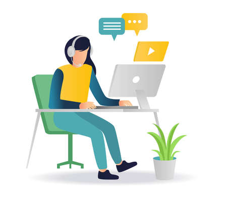 Girl with headset working with computerのイラスト素材