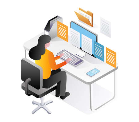 Women use a lot of information data on computersのイラスト素材