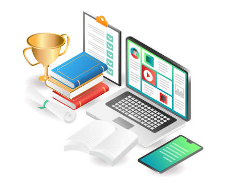 Flat isometric concept illustration. back to school online learning accountのイラスト素材