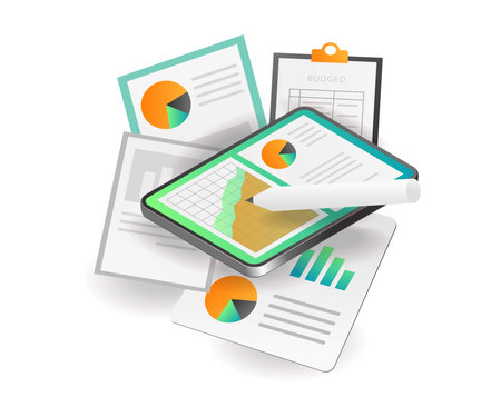 Flat isometric concept illustration. analyze business budget and revenue dataのイラスト素材
