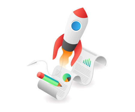Flat isometric concept illustration. rocket launches from roll of analyst data paperのイラスト素材
